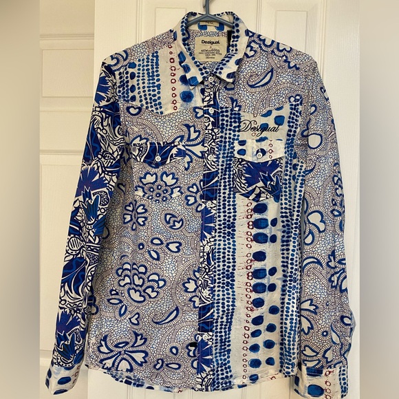 Desigual Other - Men Desigual Button Up Long Sleeve Cotton Shirt Bold Sz S Blue White Graphics
